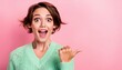 © tino - Portrait of impressed nice positive lady open mouth direct thumb finger empty space isolated,generated by AI