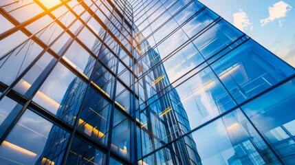 Aufkleber - Close-up of sleek glass facades reflecting sunlight on a modern high-rise building