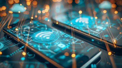 Aufkleber - Close-up of two smartphones sharing data via wireless transfer, simplifying communication