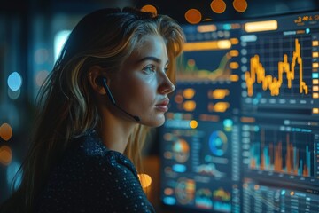 Poster - The image captures a focused individual in a dark setting, analyzing complex stock market charts and graphs on a monitor