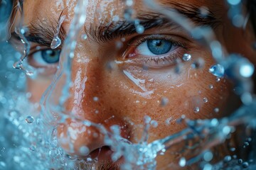 Poster - The image showcases a detailed close-up view of water droplets spread across a glass surface with light reflecting