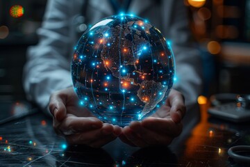 Poster - The image presents a doctor's hands cradling a glowing digital globe, symbolizing global healthcare concerns