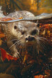 A wet otter is swimming in a pool of water, its sleek body gliding effortlessly through the clear liquid
