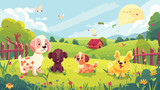 Fototapeta Pokój dzieciecy - Farm animals with landscape - cute cartoon vector illustration