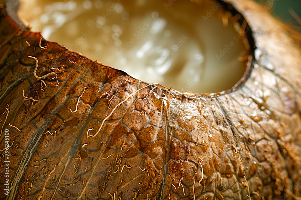 Macro view highlighting the detailed textures and patterns on a coconut ...