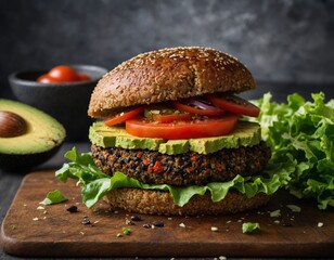 Wall Mural - A gourmet veggie burger made with a black bean and quinoa patty topped with avocado, lettuce, and tomato.
