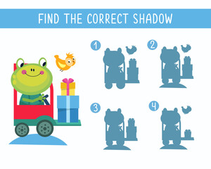 Find the right shadow. Puzzle Game for children. Cute animal on white background. Transport and animals. Vector illustration.