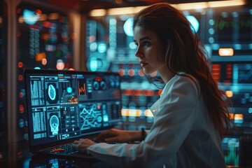 Poster - In this technologically advanced setting, a scientist examines detailed brain images, showcasing medical innovation