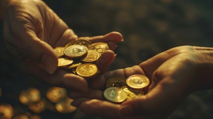 Poster - Hands exchanging gold coins as a form of currency, showcasing its historical significance in global trade and finance