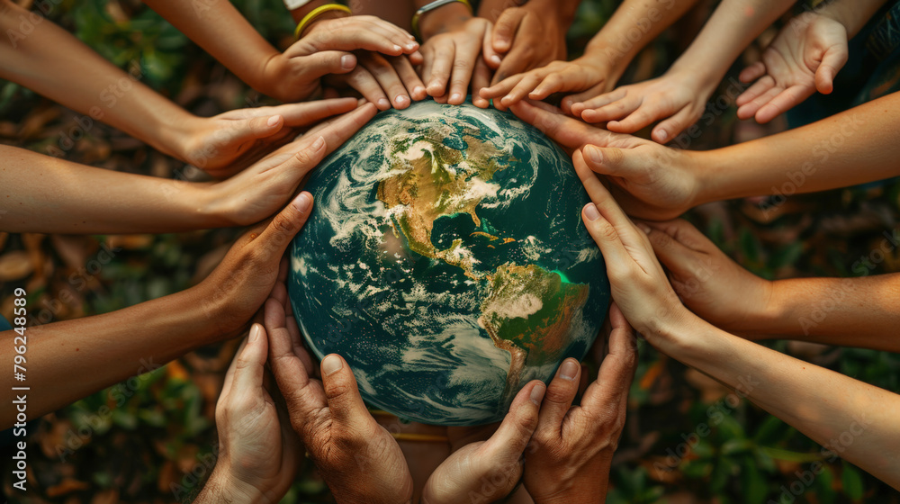 A group of diverse hands coming together around a globe, symbolizing ...
