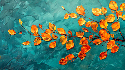 Wall Mural - Branch with red leaves on azur background. Oil painting Asian banner.