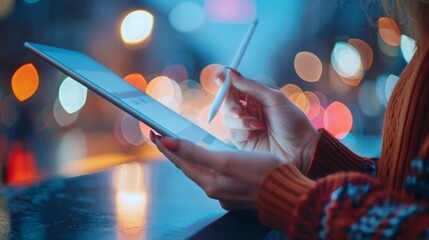 Aufkleber - Hands holding a tablet with digital pen, illustrating wireless input and communication