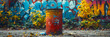 Trash can sits in front of a graffiti-covered wa,
A cup of coffee with a yellow flower on the table
