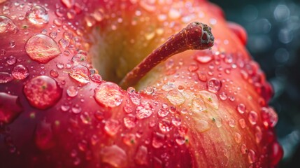 Poster - Macro shot capturing the intricate details of water droplets clinging to the skin of a ripe apple, enhancing its natural allure