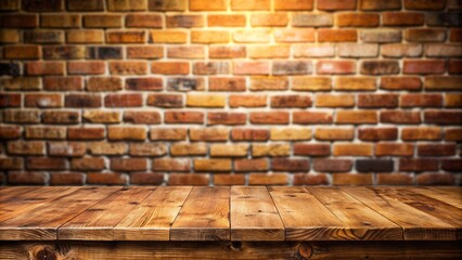 Poster - Wood table in front of rustic brick wall blur background with empty copy space on the table for product display mockup. Retro design montage presentation.