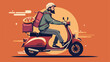 Man with beard riding retro scooter. Fast pizza deliv