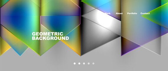 Poster - A modern art geometric background featuring colorful triangles in shades of violet, magenta, and electric blue on a liquid gray backdrop