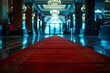 Empty red carpet in dimly lit indoor room flanked by people. Concept Red Carpet Events, Enigmatic Lighting, VIP Guests, Fashion Show, Elegant Venue