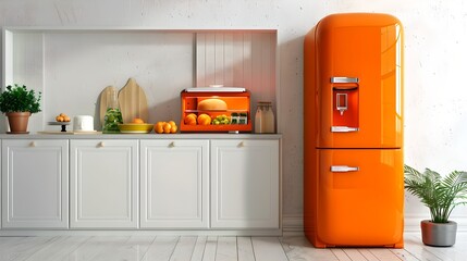 Poster - Bright orange retro-style refrigerator in a modern white kitchen interior. Minimalist kitchen design with vibrant accents. Perfect for home decor. AI