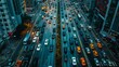 Overhead view of a city's main thoroughfare overwhelmed by traffic congestion, hindering mobility