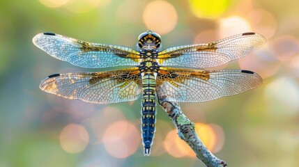 Poster - Overhead view of a dragonfly resting on a branch, its iridescent wings shimmering in the sunlight