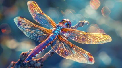 Poster - Overhead view of a dragonfly resting on a branch, its iridescent wings shimmering in the sunlight