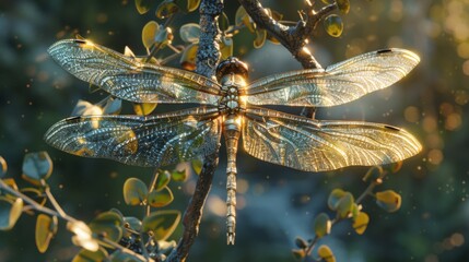 Poster - Overhead view of a dragonfly resting on a branch, its iridescent wings shimmering in the sunlight