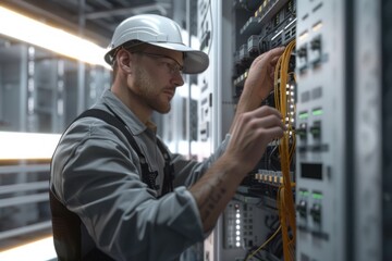 Poster - A man in a hard hat working on a server. Ideal for technology and construction concepts