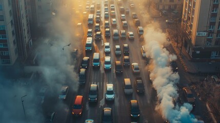 Aufkleber - Overhead view of traffic congestion emitting exhaust fumes, polluting the air in urban areas