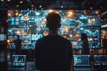 Poster - Behind-the-scenes view of a man overseeing multiple screens displaying various data analytics and digital information