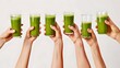 Fresh green juice toast with friends featuring healthy drinks. Enjoying detox beverages together representing wellness and lifestyle. Clean eating, diet, and nutrition concept. AI