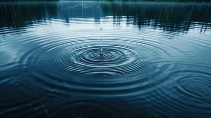 Poster - Raindrops falling on a tranquil lake, creating concentric circles that ripple outwards into the calm water.