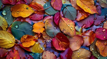 Poster - Raindrops falling on colorful autumn leaves, creating a shimmering mosaic of nature's palette under the cloudy sky.