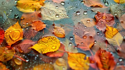 Poster - Raindrops falling on colorful autumn leaves, creating a shimmering mosaic of nature's palette under the cloudy sky.