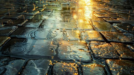 Fototapete - Raindrops splashing into puddles on a cobblestone street, the urban landscape transformed into a glistening wonderland by the magic of the rainy season.