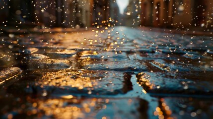 Fototapete - Raindrops splashing into puddles on a cobblestone street, the urban landscape transformed into a glistening wonderland by the magic of the rainy season.