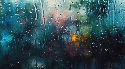 Fototapete - Raindrops streaming down a windowpane, distorting the view outside into a dreamy and abstract painting of the world beyond.