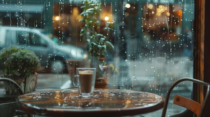 Poster - Raindrops trickling down the windowpane of a cozy cafe, creating a soothing backdrop for patrons to enjoy their favorite hot beverages during the wet season.
