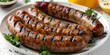 Plate with delicious grilled sausages. AI generative.