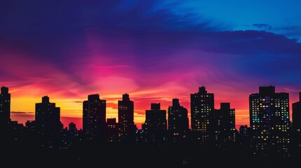 Poster - Silhouettes of buildings against a colorful sunrise sky in the city, awakening urban landscapes