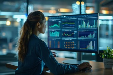 Poster - Professional female working late in a modern office with digital charts displayed on her monitor Focus on trading, analytics, and the workplace