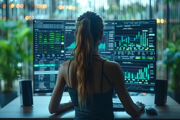 Poster - An investor or analyst meticulously examines multiple graphs detailing financial data and stock movements on high-tech digital displays