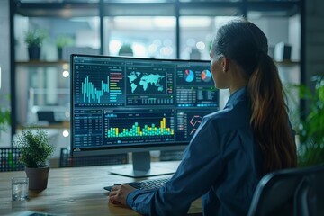 Poster - Financial analyst reviews global market trends and data visualizations on a computer display in a high-tech office workspace