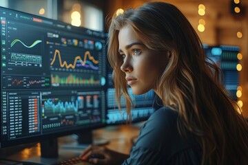 Poster - A young female professional works late, studying detailed financial market charts across multiple monitors