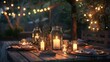 Soft candlelight illuminating a rustic outdoor dinner table, with mason jar lanterns casting a warm and romantic glow for a cozy evening meal.