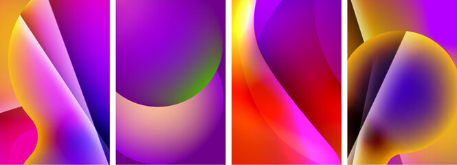 Poster - A collection of four vibrant and symmetrical abstract backgrounds featuring a rainbow of colors including purple, violet, magenta, and electric blue in various tints and shades