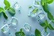 © Ева Поликарпова - Refreshing ice cubes with mint leaves on a vibrant blue surface, perfect for summer drink concepts