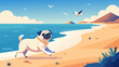 At the beach a playful pug runs in and out of the waves chasing seagulls and digging in the sand alongside his beaming owner. They are both