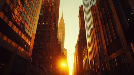 Poster - The sun rises behind a row of majestic skyscrapers, casting long shadows and infusing the urban landscape with a warm morning glow.