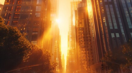 Poster - The sun rises behind a row of majestic skyscrapers, casting long shadows and infusing the urban landscape with a warm morning glow.